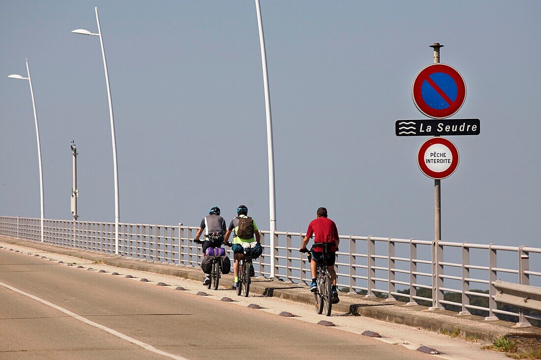 France, Charente Maritime, La Tremblade, Cyclists on a bridge over the Seudre\n