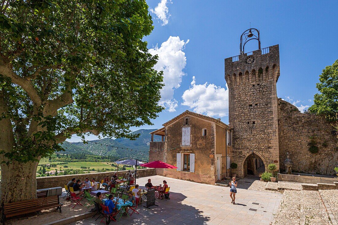 France, Drôme, regional natural park of Baronnies provençales, Montbrun-les-Bains, labeled the Most Beautiful Villages of France, the Belfry and the place of the same name\n