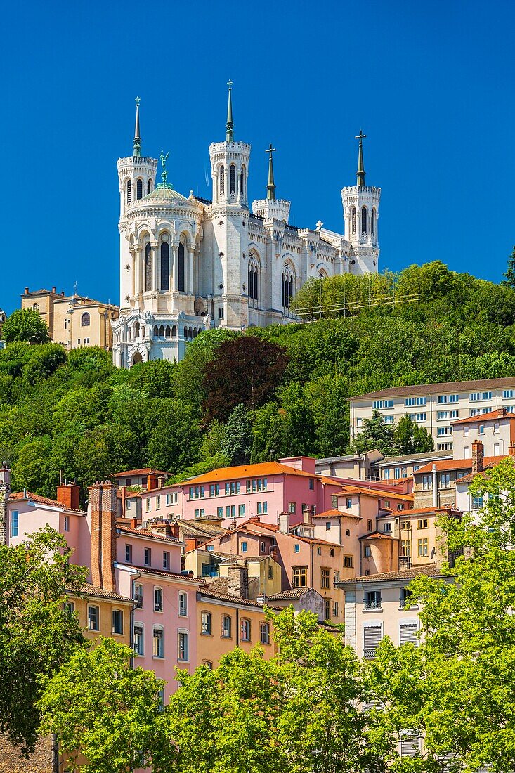 France, Rhone, Lyon, historical site listed as World Heritage by UNESCO, view of Notre Dame de Fourviere Basilica\n