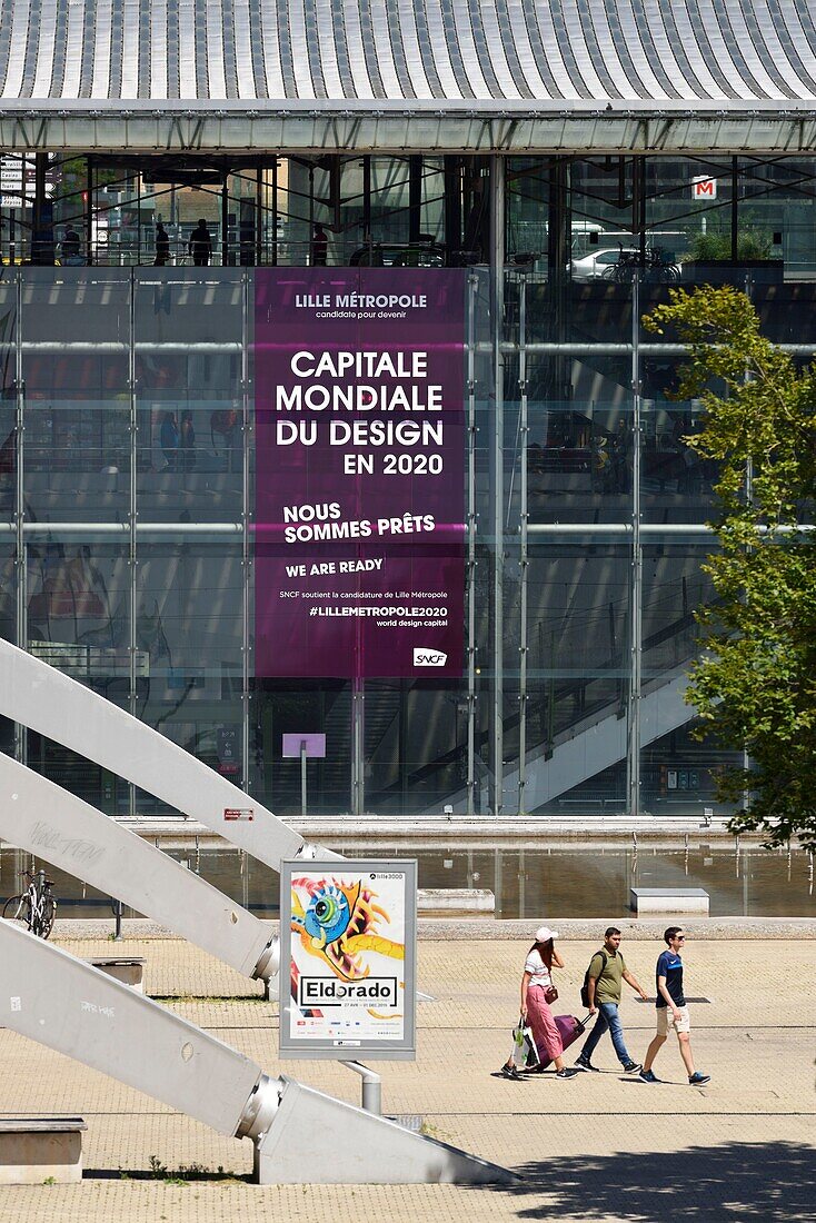 France, Nord, Lille, esplanade place François Mitterrand with the Euralille business district and the Eurostar station and Lille Europe TGV station, Lille poster world capital of Design 2020\n
