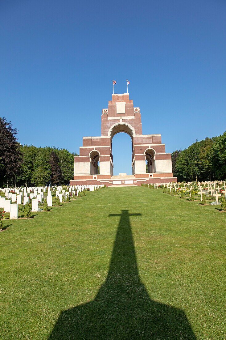 France, Somme, Thiepval, Franco-British memorial commemorating the Franco-British offensive of the Battle of the Somme in 1916, French graves in the foreground\n