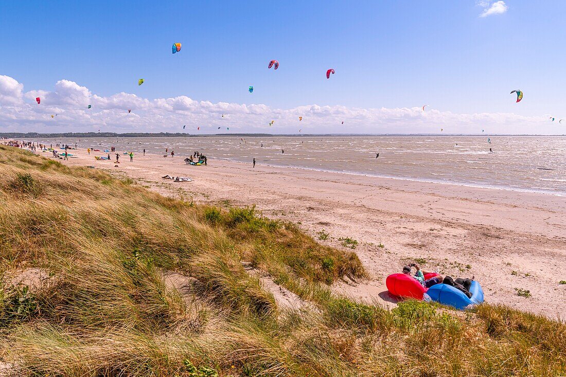 "Frankreich, Somme, Somme-Bucht, Le Crotoy, der Strand von Crotoy ist ein beliebtes Ziel für Kitesurfer und Windsurfer; nach einem Sturm, wenn die Sonne mit einem kräftigen Wind zurückkehrt, sind die Sportler zahlreich und ihre bunten Segel erhellen die Landschaft"