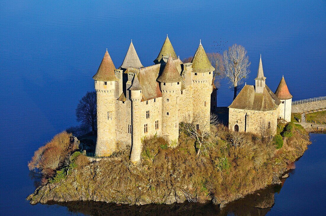 France, Cantal, Parc Naturel Regional des Volcans d'Auvergne (Natural regional park of Volcans d'Auvergne), Chateau de Val, castle of property of Bort les Orgues town in Correze on the edge of the hydroelectric dam lake of Bort les Orgues supplied by the Dordogne river\n