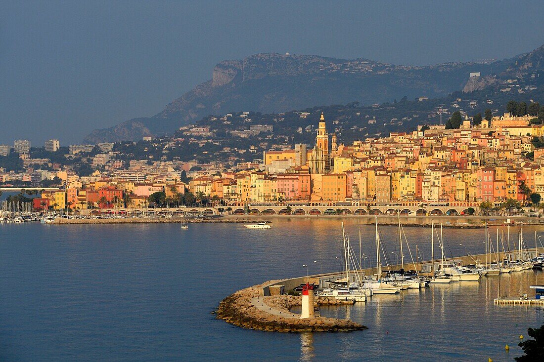 France, Alpes Maritimes, Cote d'Azur, Menton, the port and the old town dominated by the Saint Michel Archange basilica\n