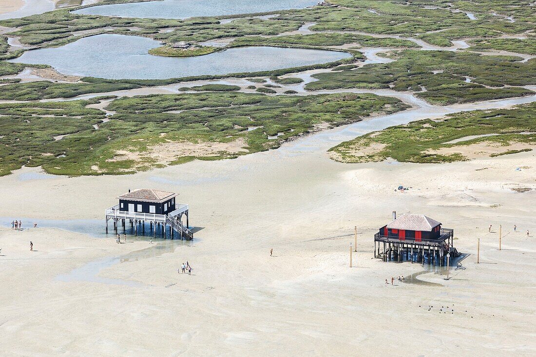 France, Gironde, Arcachon, wooden houses on stilts near L'IIe aux Oiseaux (aerial view)\n