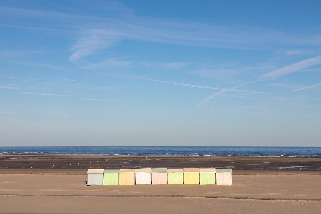 France, Pas de Calais, Berck sur Mer, the beach with beach huts\n