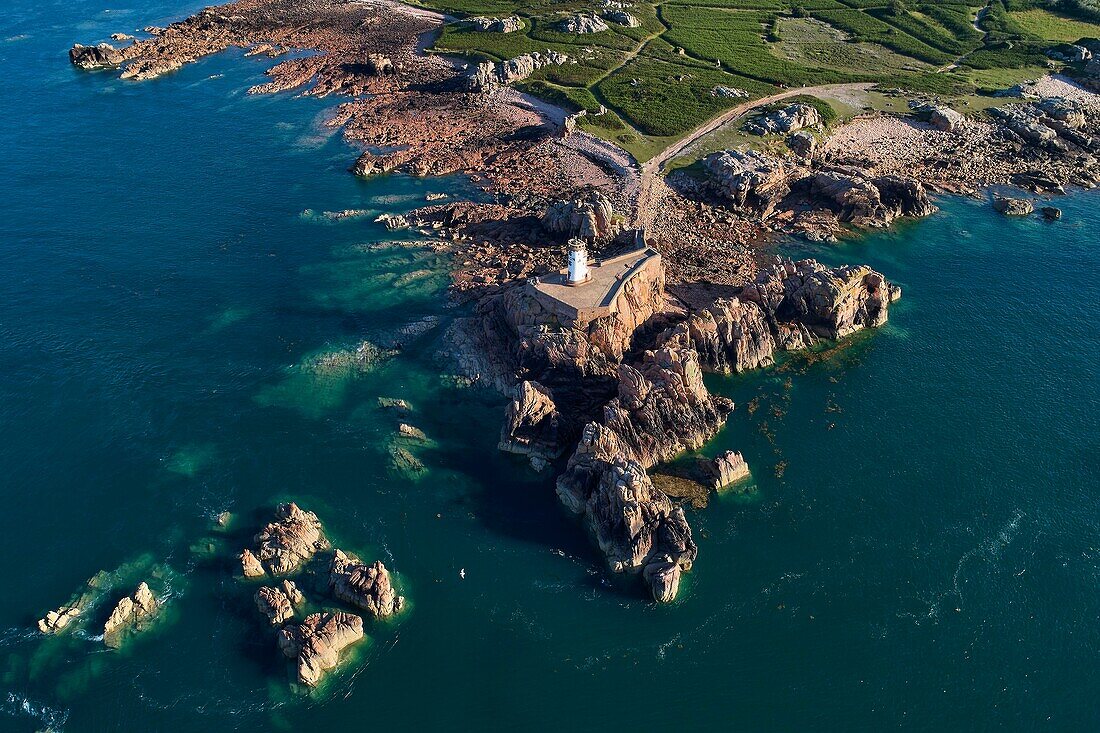 France, Cotes d'Armor, ile de Brehat, lighthouse at Pointe du Paon (aerial view)\n