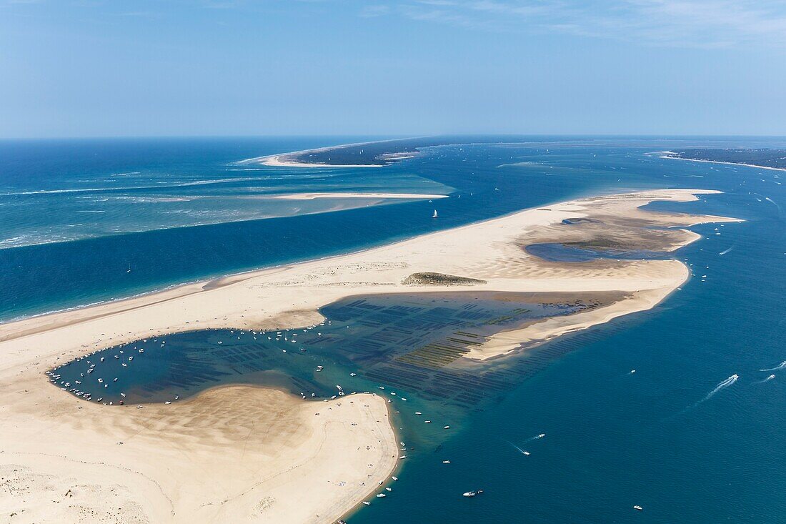 France, Gironde, La Teste de Buch, Cap Ferret and Arguin sandbank (aerial view)\n