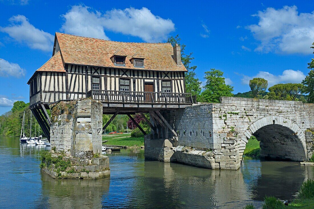 France, Eure, Vernon, the old watermill on the medieval bridge above the Seine river\n
