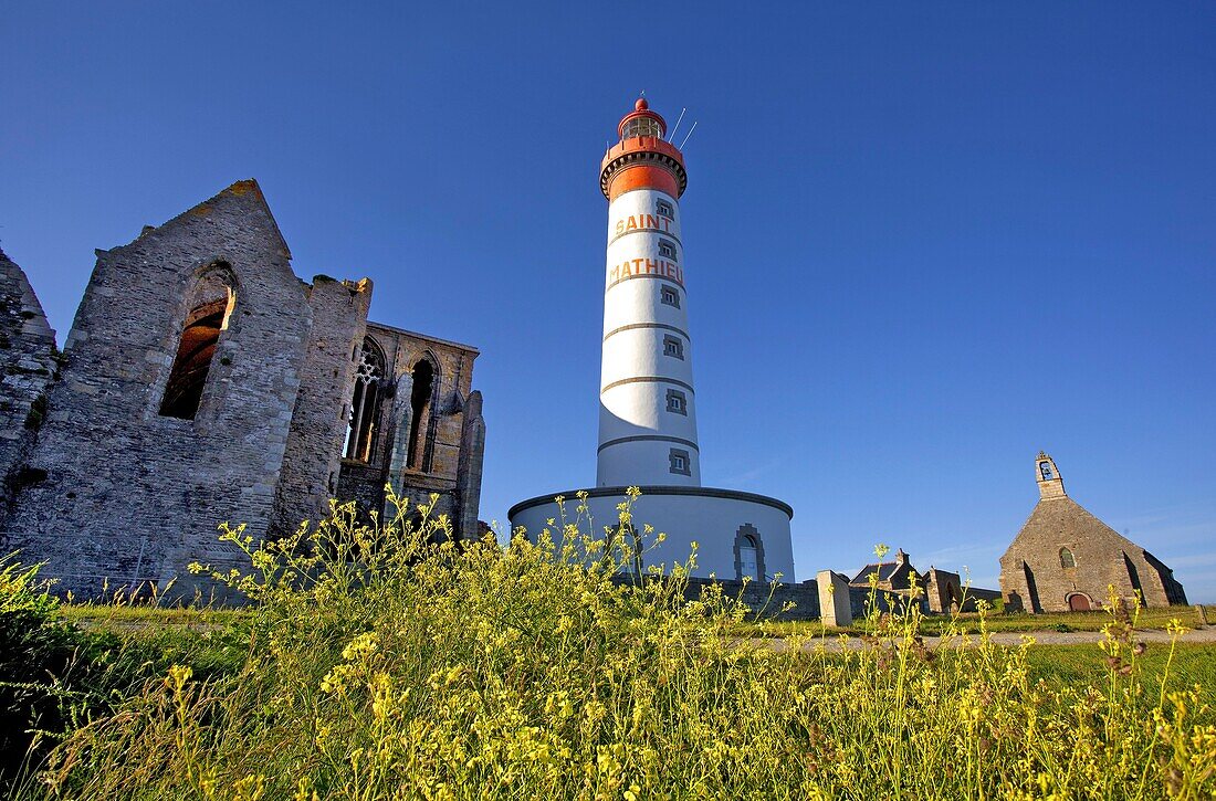 Frankreich, Finistere, Plougonvelin, die Pointe Saint Mathieu und der Leuchtturm von Saint Mathieu aus dem Jahr 1835, die Abtei Saint Mathieu de Fine Terre und der Semaphor von 1906