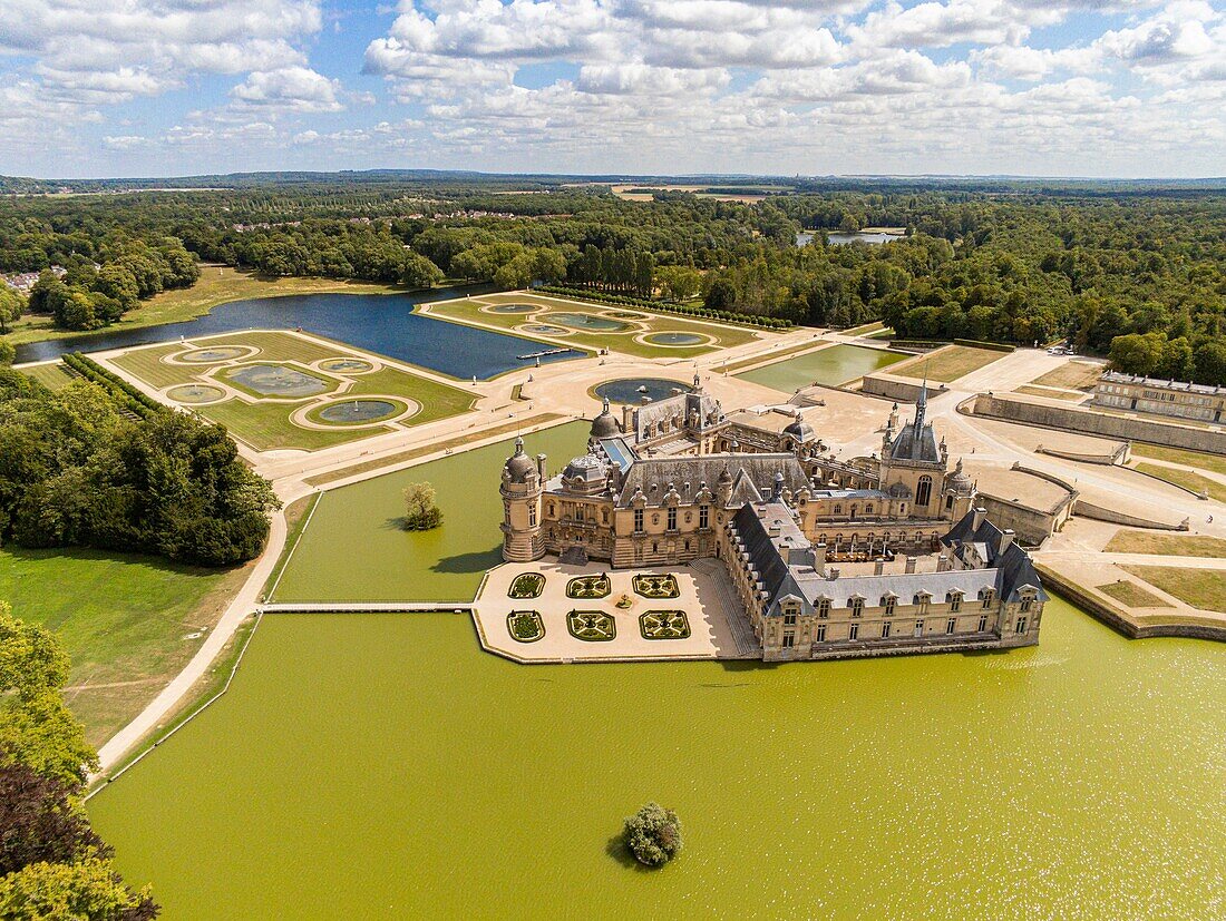 France, Oise, Chantilly, the castle of Chantilly (aerial view)\n
