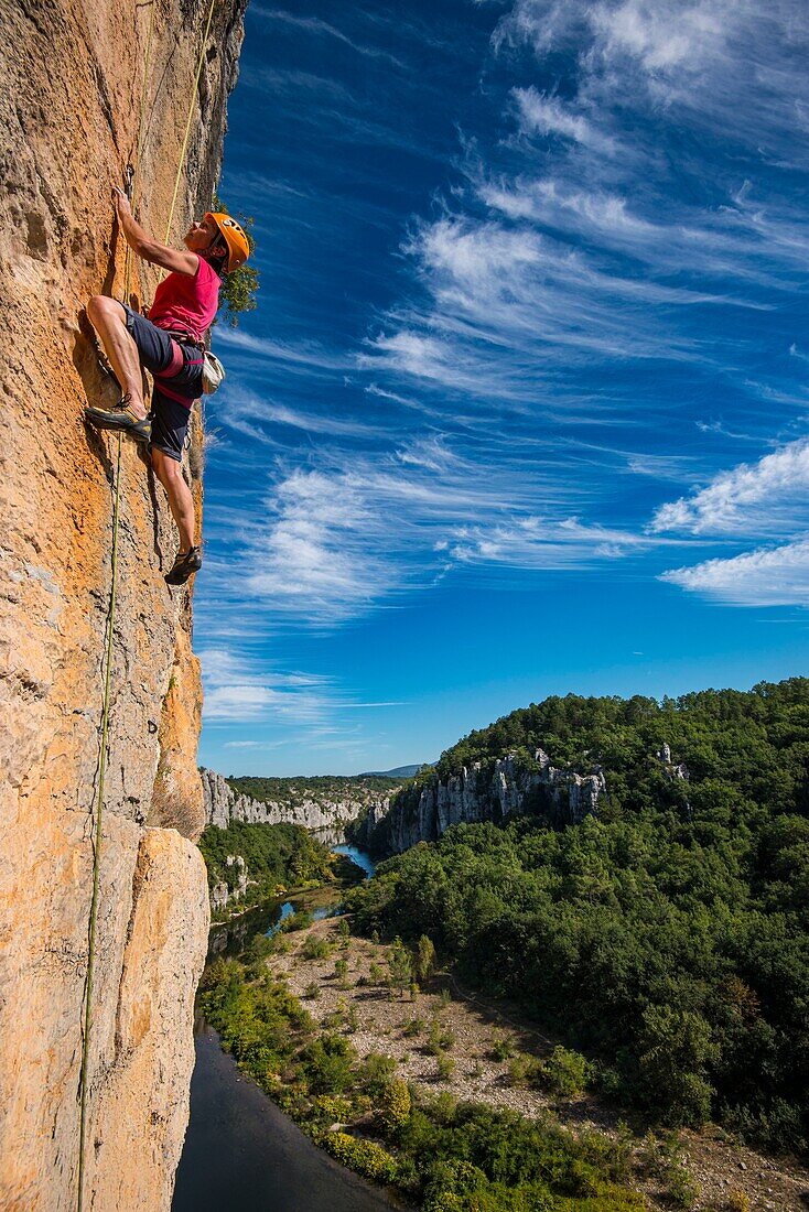 France, Ardeche, Berrias et Casteljau, climbing area of the Vire aux Oiseaux overlooking the Chassezac river\n