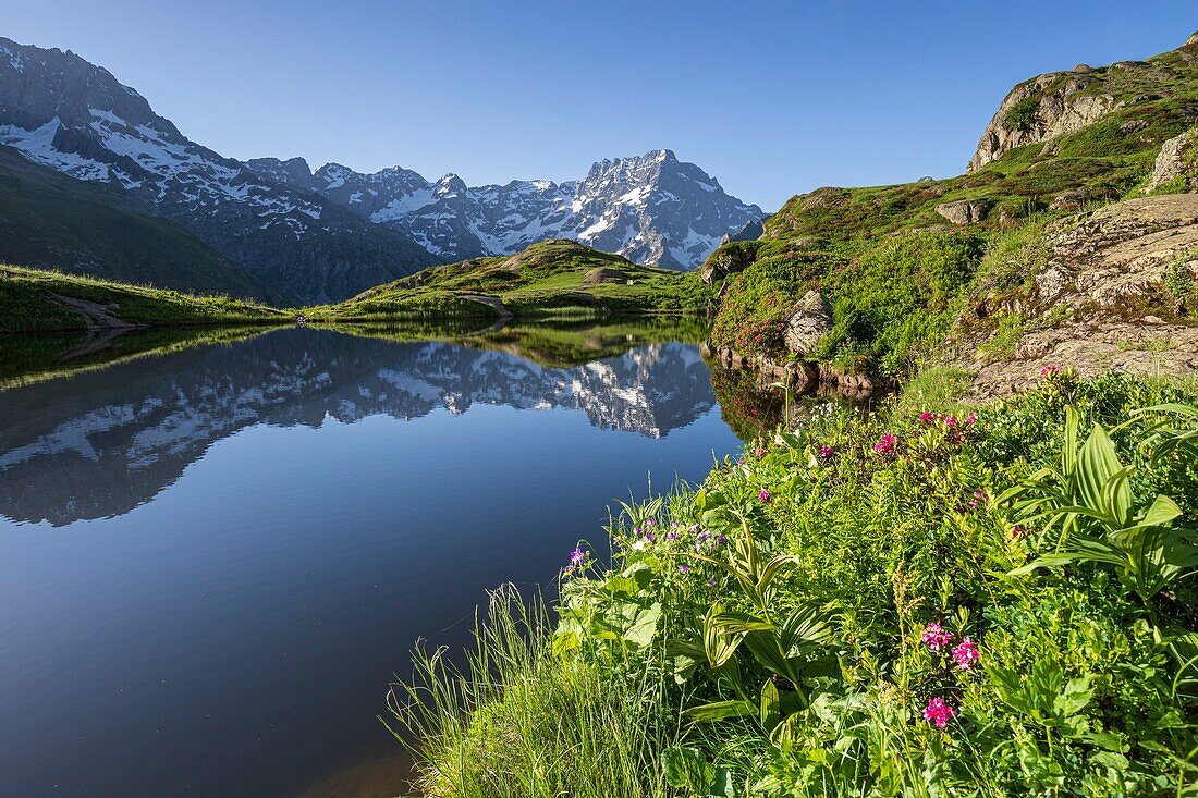 Frankreich, Hautes Alpes, Nationalpark Ecrins, Tal von Valgaudemar, La Chapelle en Valgaudemar, Spiegelung von Sirac (3441m) auf dem See von Lauzon (2008m)