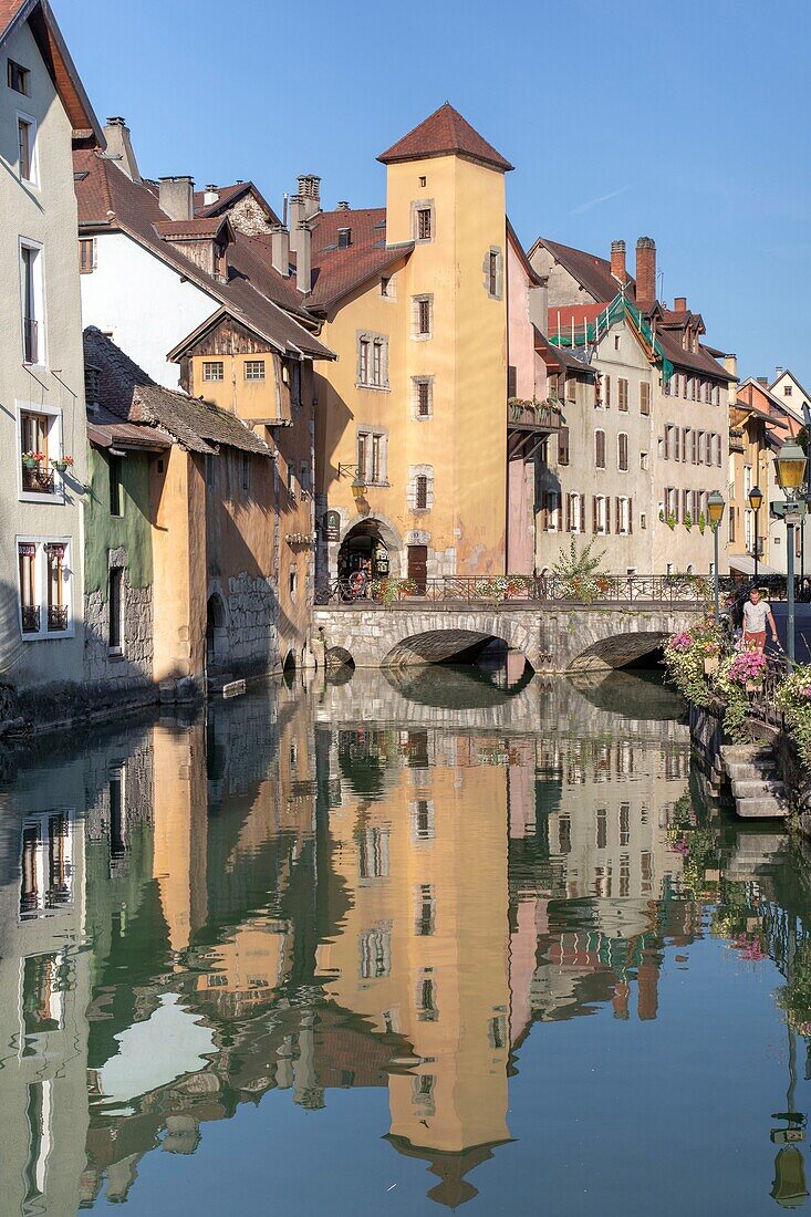 France, Haute Savoie, Annecy, the Thiou canal and the Morens bridge in the old town\n