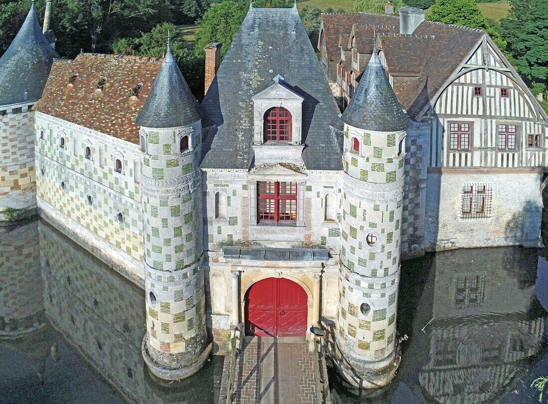 France, Calvados, Pays d'Auge, 15th and 16th century Saint Germain de Livet Castle labeled Museum of France (aerial view)\n