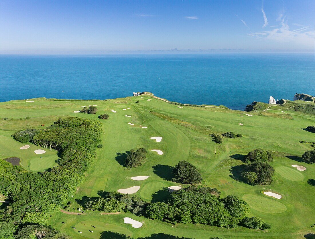 France, Seine Maritime, Etretat, Cote d'Abatre, the golf (aerial view)\n