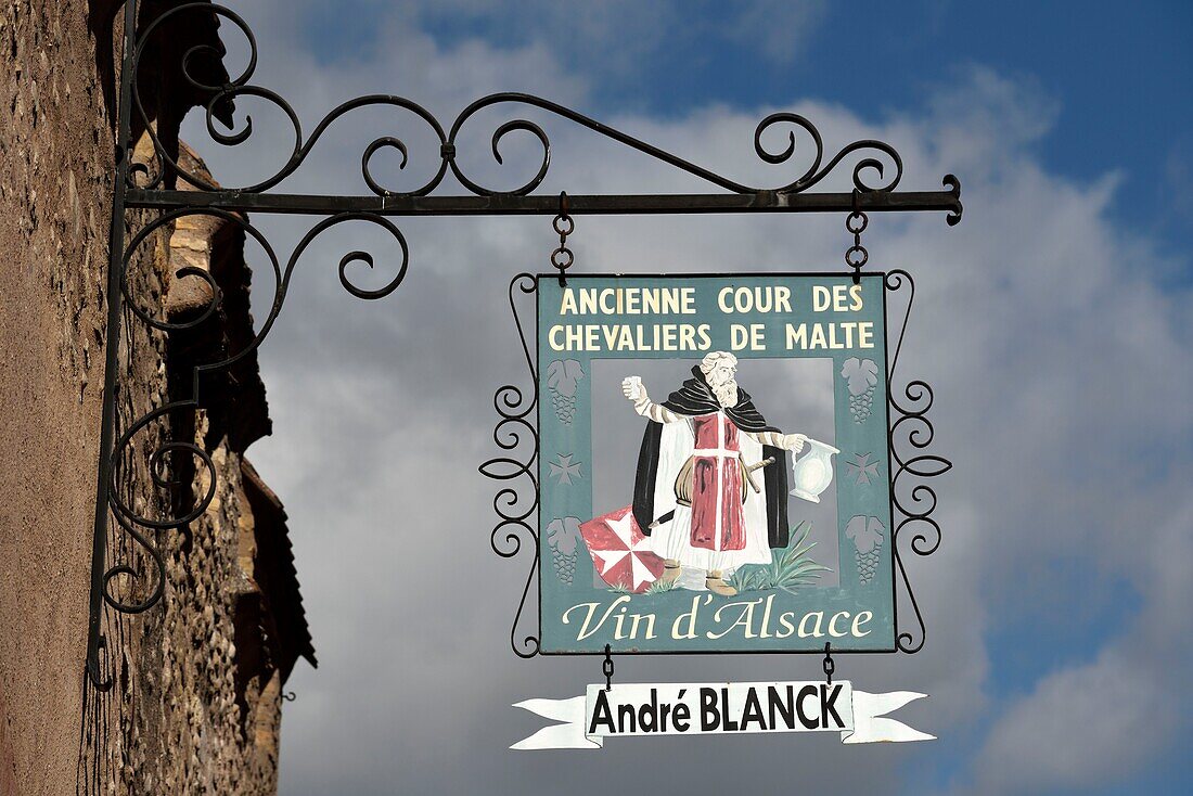 France, Haut Rhin, Kientzheim, Grand Rue, former court of the Knights of Malta, winemaker André Blanck, signboard\n