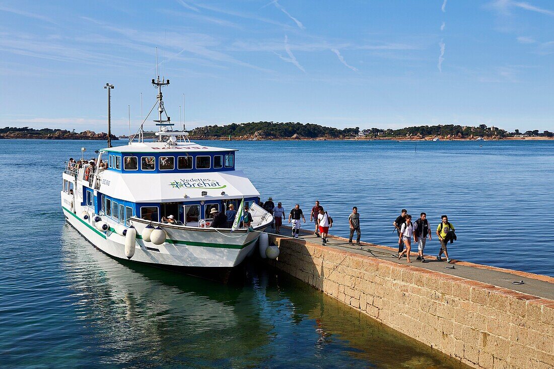 France, Cotes d'Armor, Ploubazlanec, at Pointe de l'Arcouest, passengers returning from Brehat Island get off the ferry\n