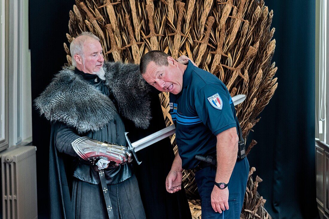 France, Calvados, Bayeux, inauguration of the Game of Throne Tapestry more than 80 meters long in Hotel du Doyen heritage building, Iron Throne in basketry artwork\n