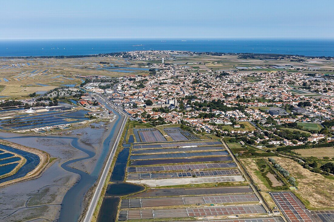 Frankreich, Vendee, Noirmoutier en l'Ile, die Stadt und die Salzwiesen (Luftaufnahme)