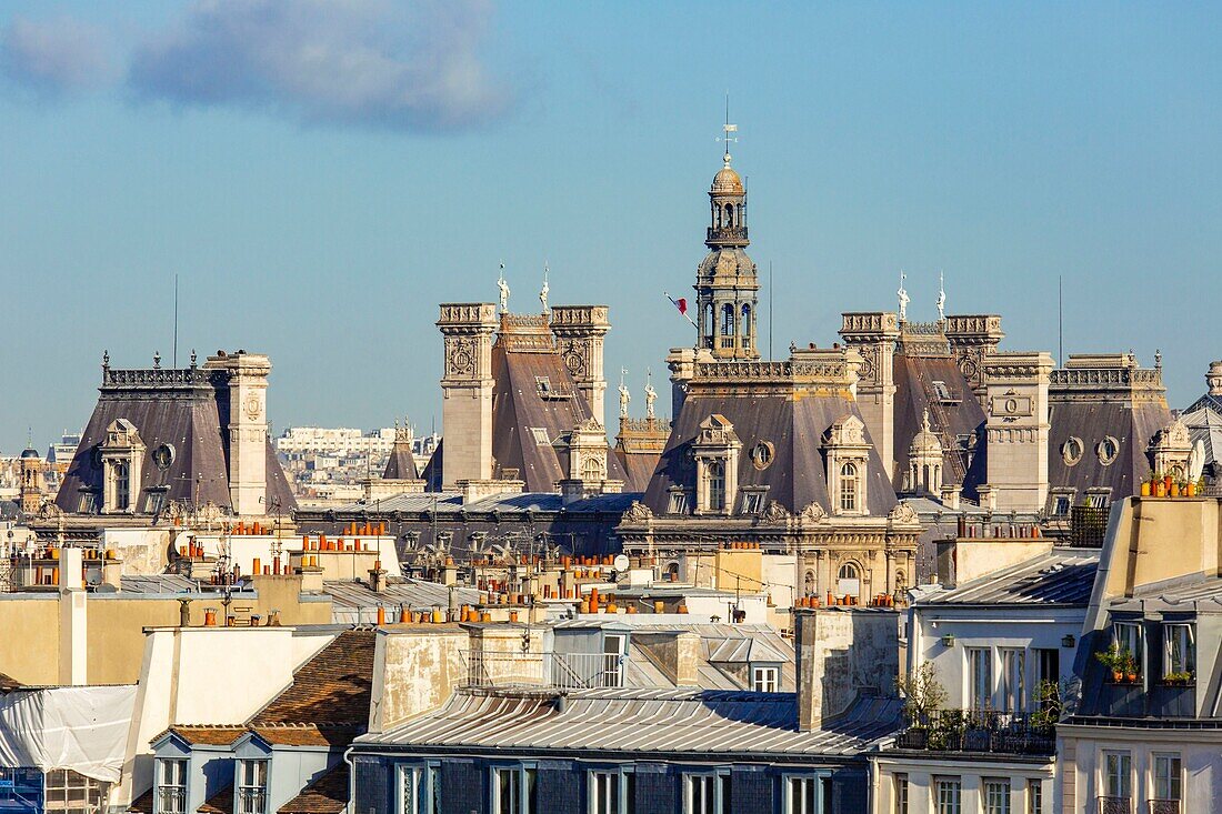 France, Paris, 4th arrondissement, the roofs of Paris and the roof of the Town Hall\n
