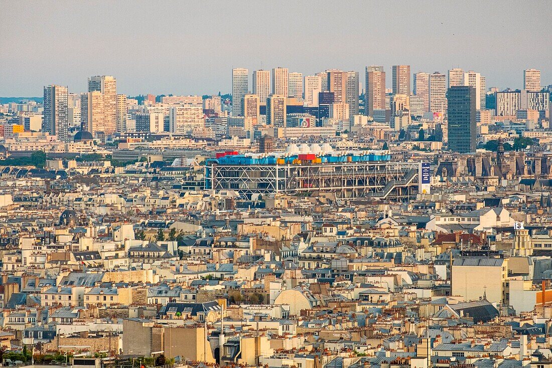 France, Paris, view of the roofs of Paris en Zinc and the Pompidou Center, at the back the Olympiades tower\n