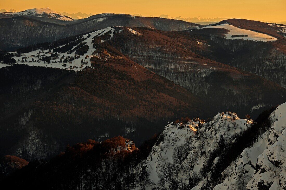 Frankreich, Haut Rhin, Hautes Vosges, Le Hohneck (1363 m), Gipfel, Sonnenuntergang, Winter, Schnee