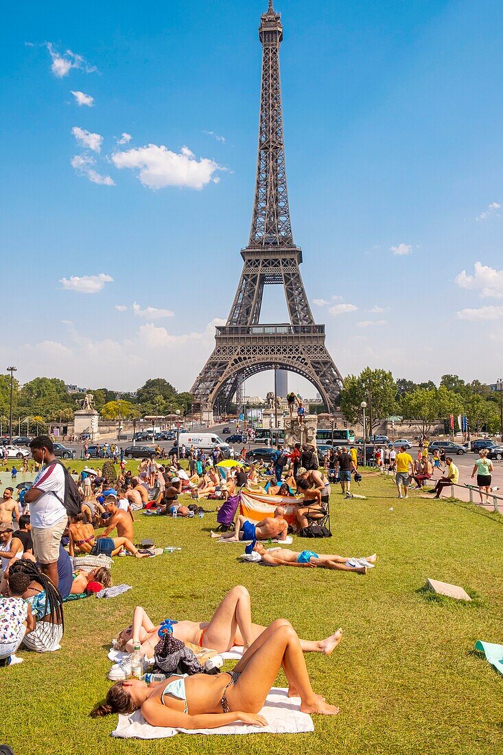 Frankreich, Paris, Zone des Weltkulturerbes der UNESCO, die Gärten von Trocadero vor dem Eiffelturm, während der Tage von caniculz