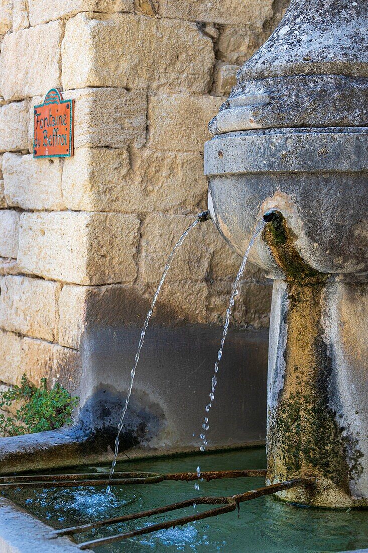 France, Drôme, regional natural park of Baronnies provençales, Montbrun-les-Bains, labeled the Most Beautiful Villages of France, fountain of the Belfry\n