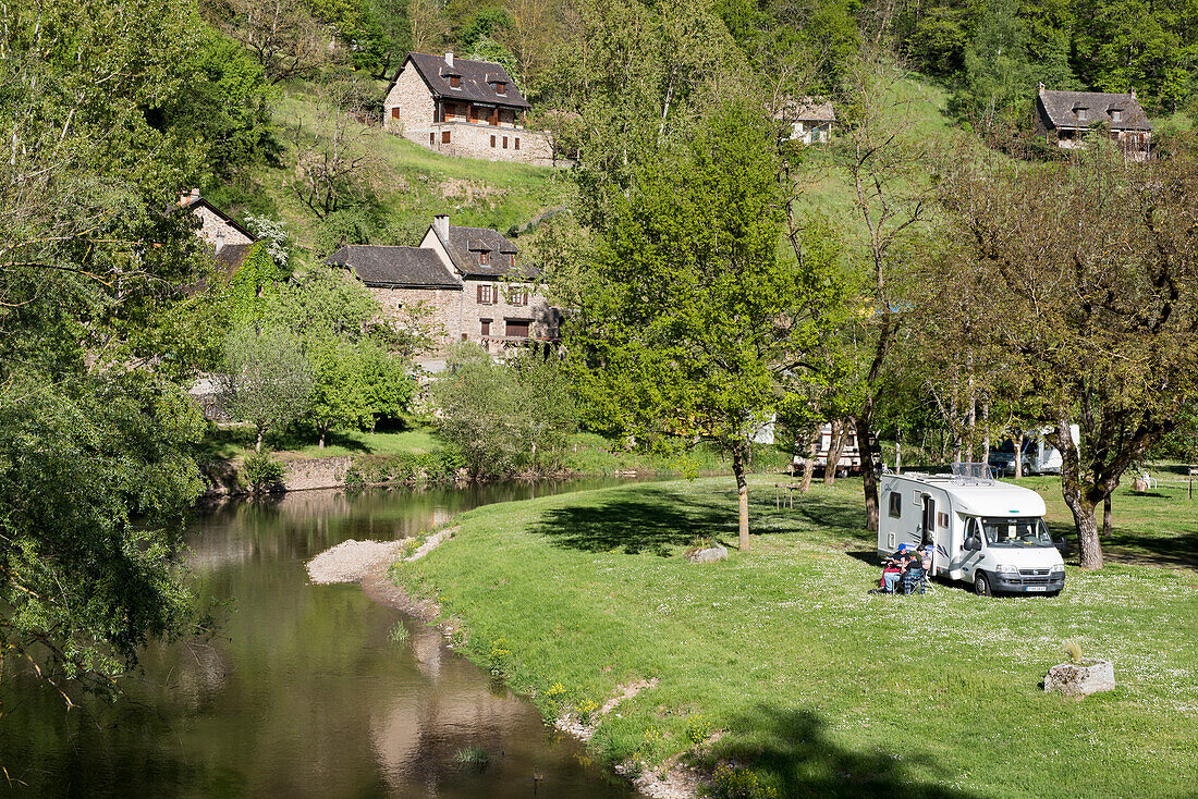 France, Aveyron, Belcastel, labeled the Most Beautiful Villages of France, River Aveyron, Municipal Camping Le Bourg, camping car\n