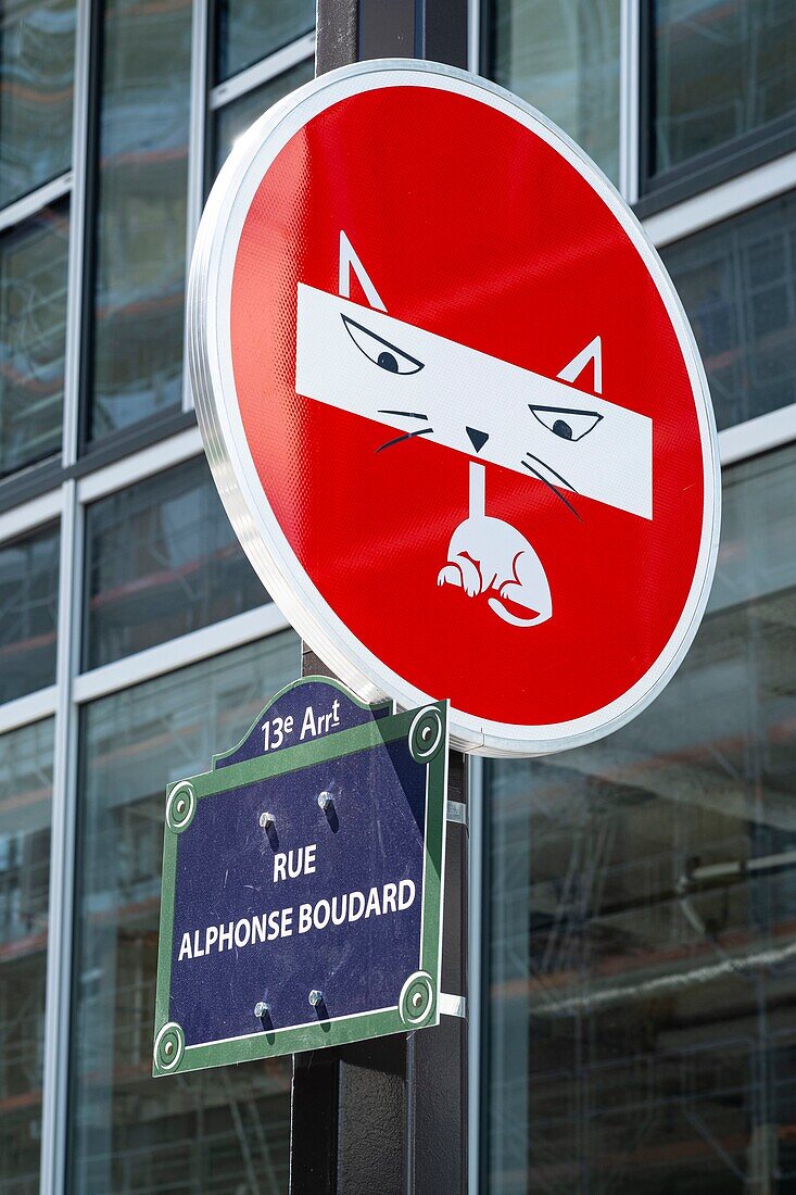 France, Paris, Alphonse Boudard street, diversion of traffic signs by the French artist Clet Abraham\n