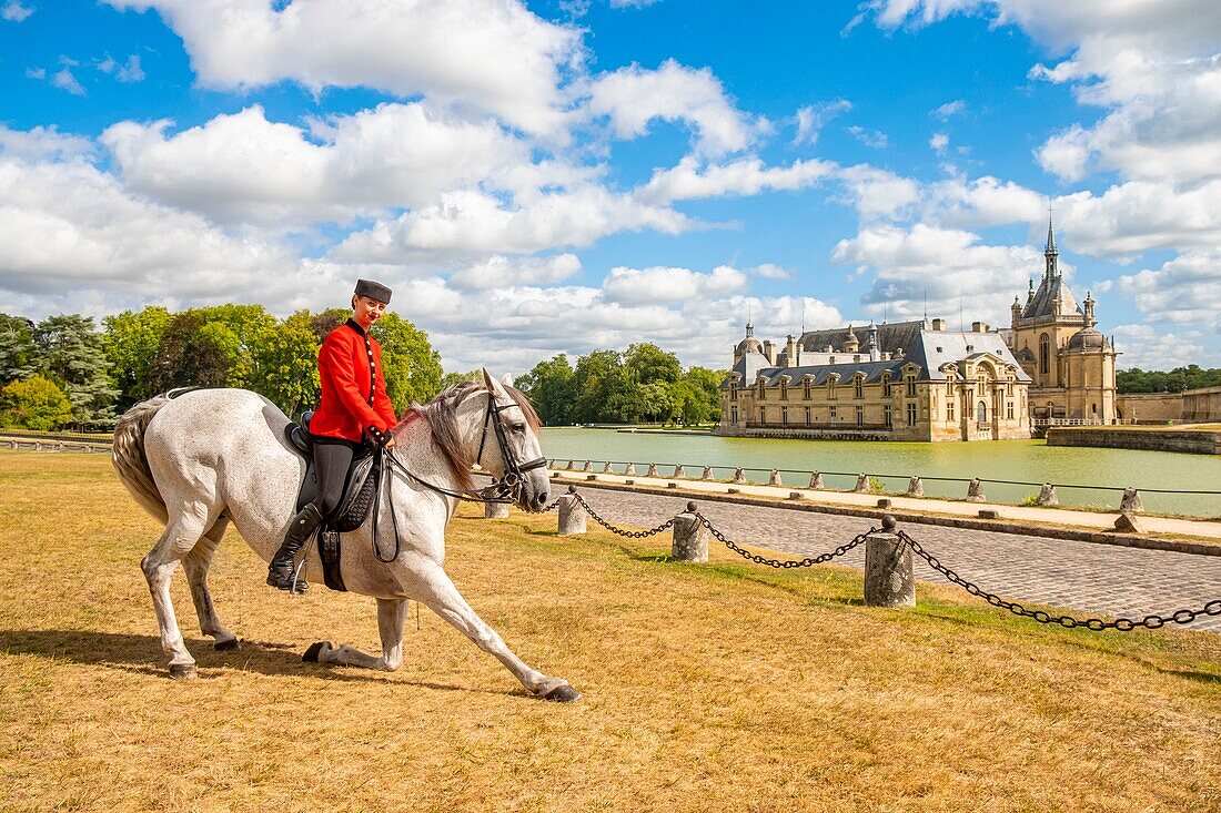 France, Oise, Chantilly, Chateau de Chantilly, the Grandes Ecuries (Great Stables), Estelle, rider of the Grandes Ecuries, bows to her horse in front of the castle\n