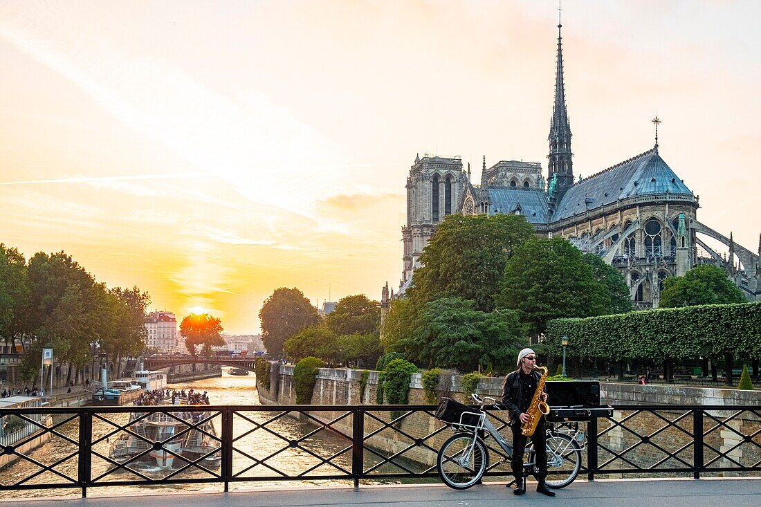 France, Paris, area listed as World Heritage by UNESCO, Ile de la Cite, saxophonist on the bridge of the Archeveche with Notre Dame de Paris\n