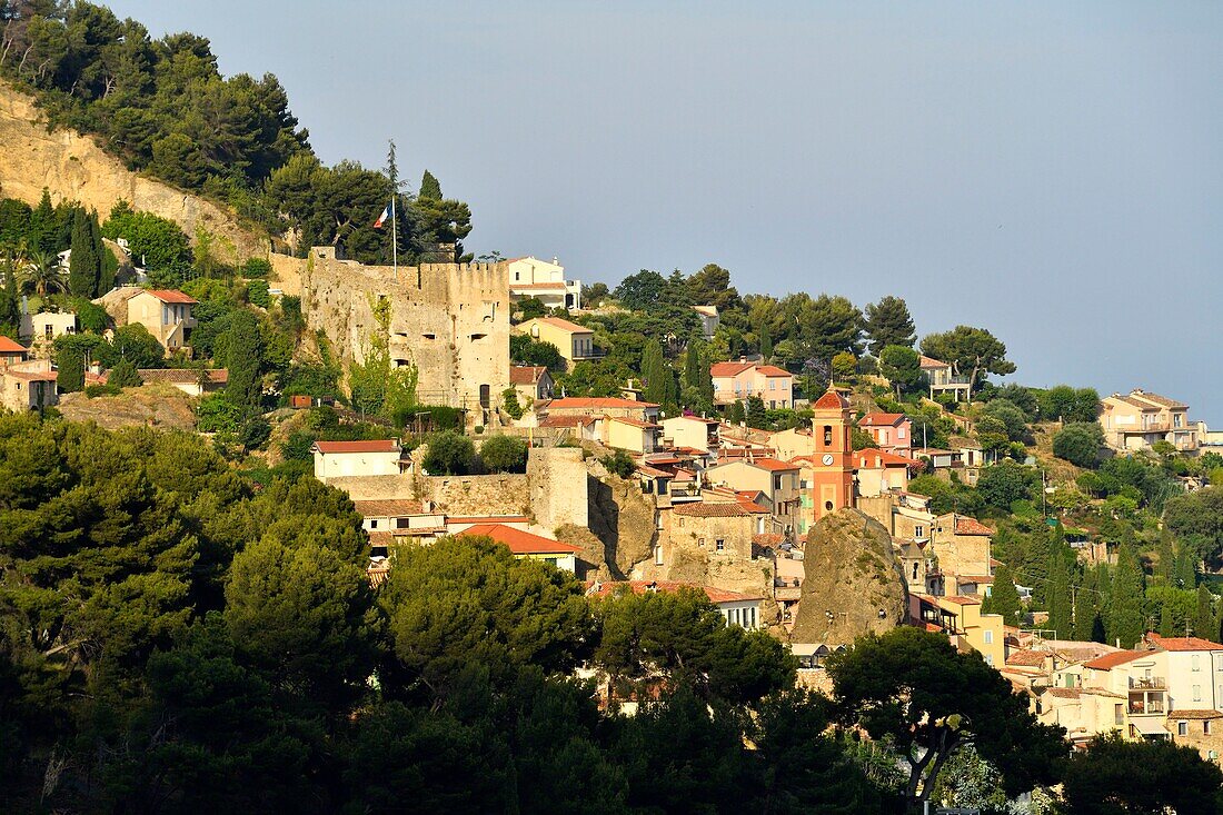 France, Alpes Maritimes, Nice, the hilltop village of Roquebrune Cap Martin dominated by its medieval castle\n