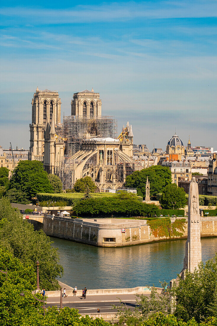 France, Paris, area listed as World Heritage by UNESCO, Ile de la Cite, Notre Dame Cathedral, Scaffolding\n