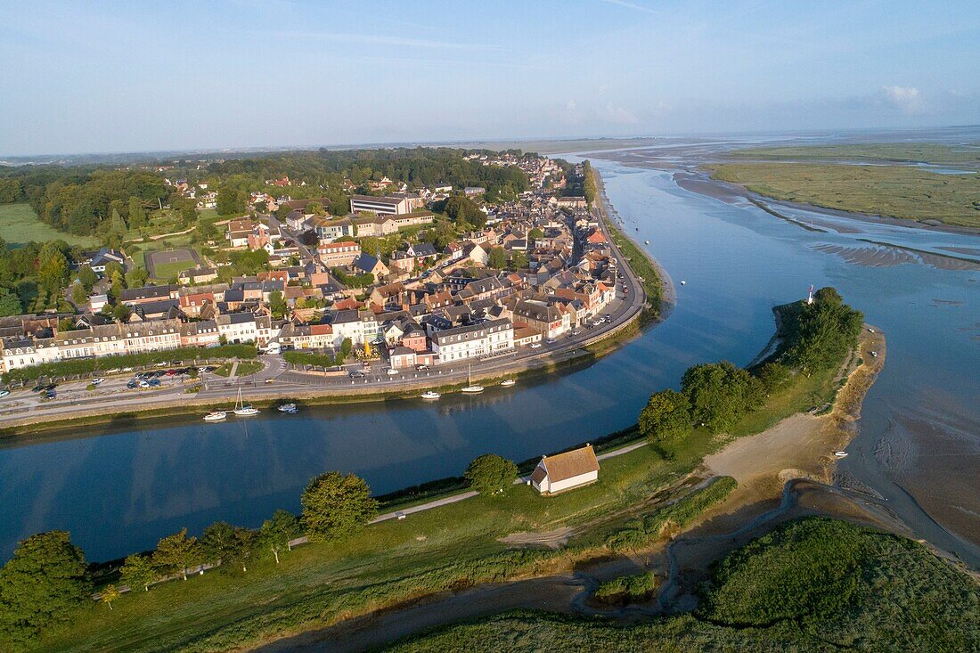 France, Somme, Baie de Somme, Saint Valery sur Somme, mouth of the Somme in the bay (aerial view)\n