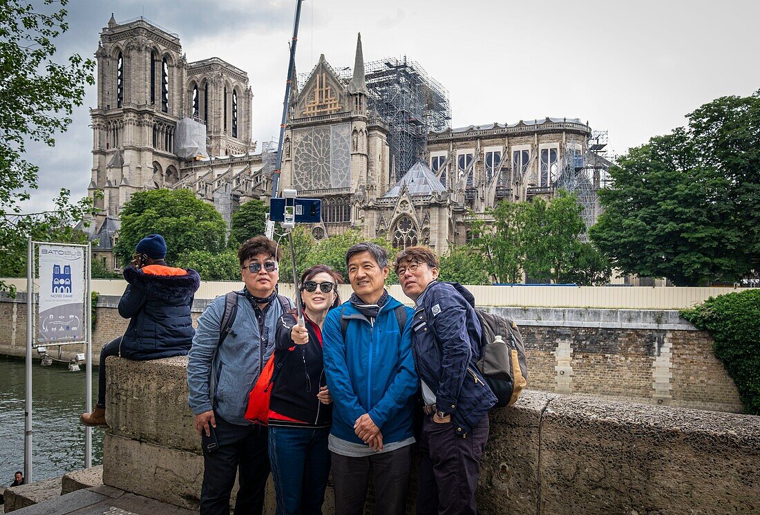 France, Paris, the banks of the Seine river, a UNESCO World Heritage site, Ile de la Cité, Notre-Dame Cathedral after the fire of April 15, 2019\n