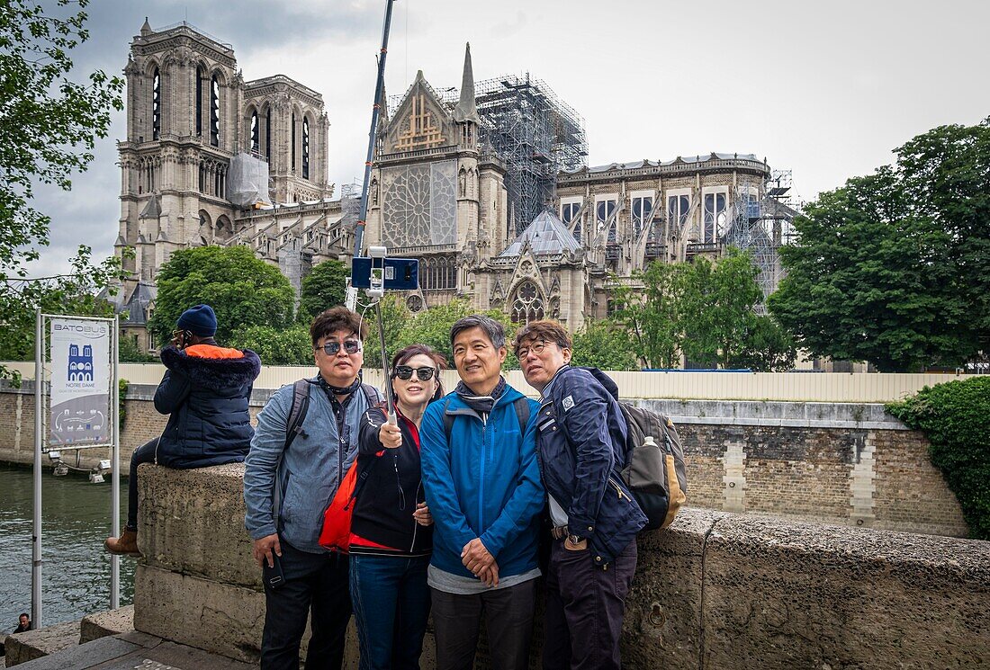 Frankreich, Paris, Ufer der Seine, UNESCO-Weltkulturerbe, Ile de la Cité, Kathedrale Notre-Dame nach dem Brand vom 15. April 2019