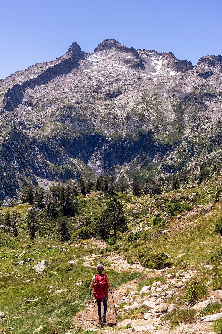 France, Hautes Pyrenees, Neouvielle Nature Reserve, Neouvielle Massif (3091 m), GR10 hiking trail\n