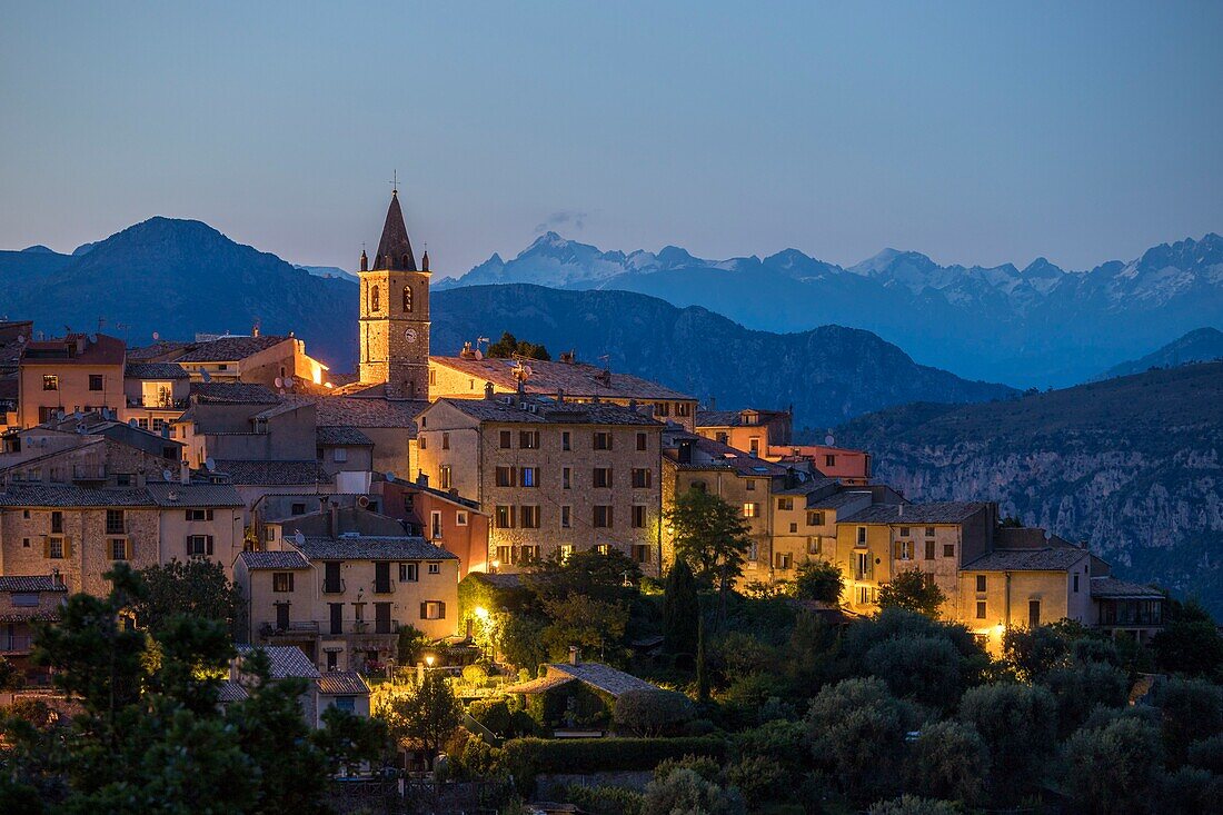 France, Alpes Maritimes, Parc Naturel Regional des Prealpes d'Azur, Le Broc, Mercantour peaks in the background\n