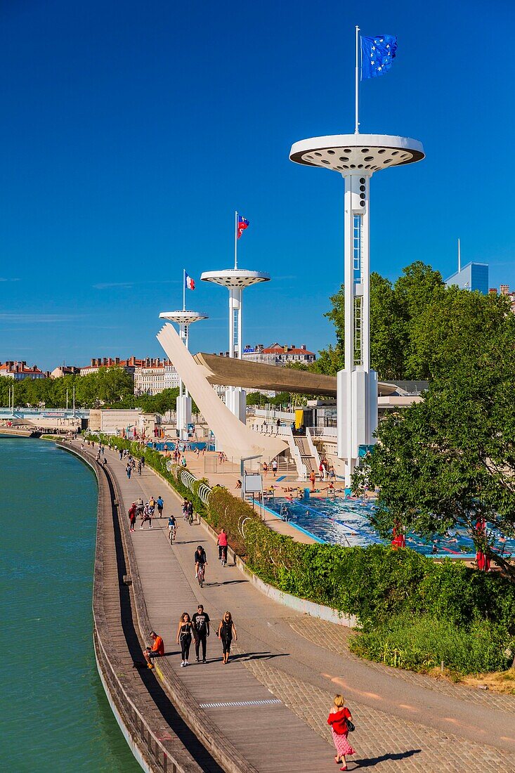 France, Rhône, Lyon, La Guillotiere district, Karen Blixen riverbank on the Rhone, Tony Bertrand Nautical Center and the summit of Incity tower\n