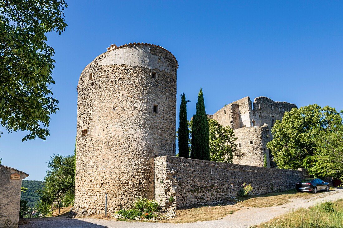 France, Drôme, regional natural park of Baronnies provençales, Montbrun-les-Bains, labeled the Most Beautiful Villages of France, the village and the Renaissance castle of Dupuy-Montbrun\n