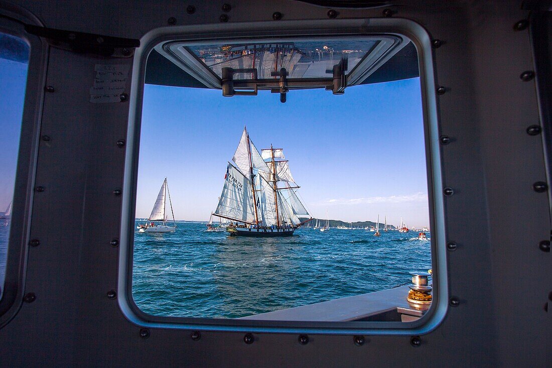 France, Finistere, Brest, ATMOSPHERE THE COLUMBUS of Jean Yves TERLAIN, navigator Grand Parade from Brest to Douarnenez International Maritime Festival Brest 2016\n