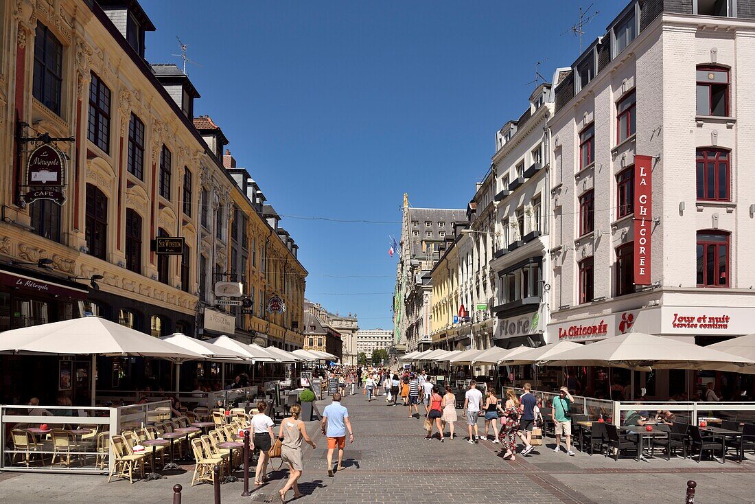 France, Nord, Lille, Place Rihour, walkers and outdoor cafes\n