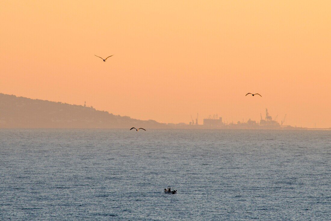 Frankreich, Herault, Sete, Panorama in der Abenddämmerung von der Spitze des Cap d'Agde aus gesehen