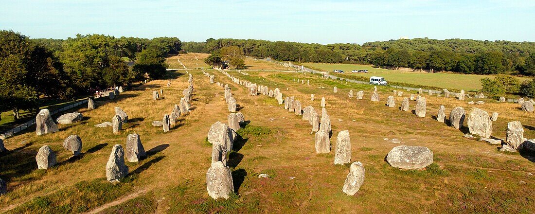 France, Morbihan, Carnac, row of megalithic standing stones at Kermario (aerial view)\n