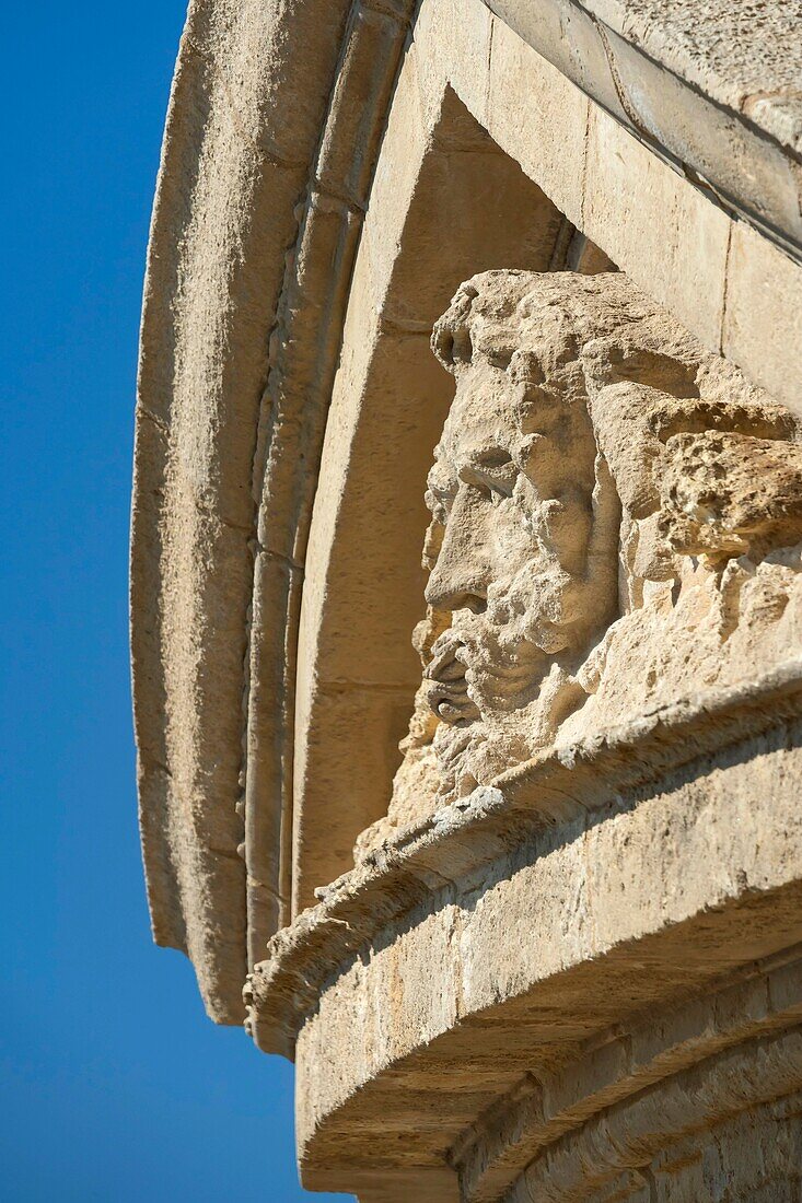 France, Gironde, Verdon-sur-Mer, rocky plateau of Cordouan, lighthouse of Cordouan, listed as World Heritage by UNESCO, masonry detail, mascaron\n