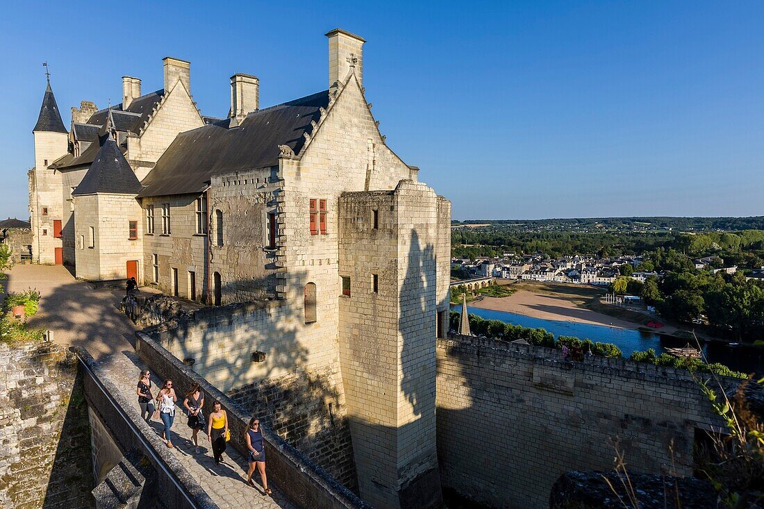 Frankreich, Indre et Loire, Loire-Tal, von der UNESCO zum Weltkulturerbe erklärt, Schloss Chinon, mittelalterlicher Stil, königliche Festung von Chinon, die königliche Residenz, vom Innenhof aus, mit Blick auf die Stadt und den Fluss La Vienne