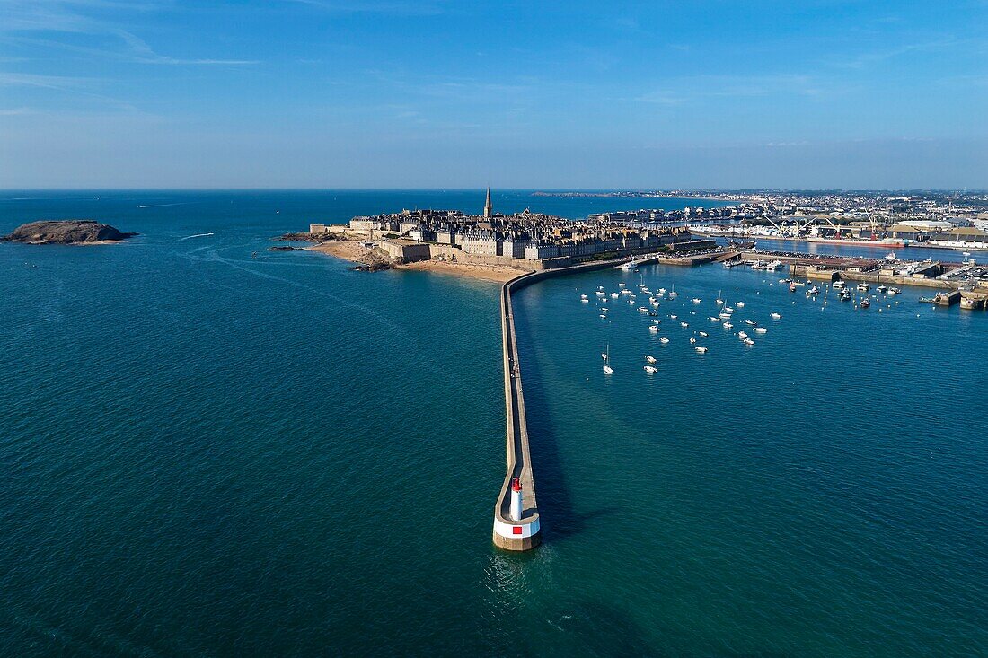 France, Ille et Vilaine, Cote d'Emeraude (Emerald Coast), Saint Malo, the walled city and the Mole des Noires (blackwomen's pier) (aerial view)\n