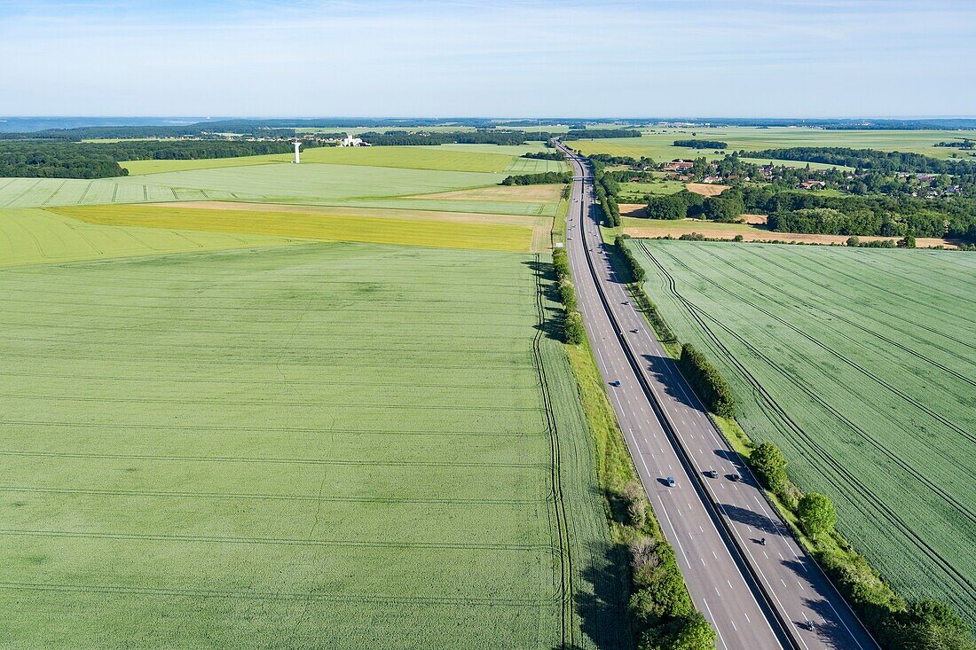 France,, Eure, Douains, A13 motorway towards the Normandy coast (aerial view)\n